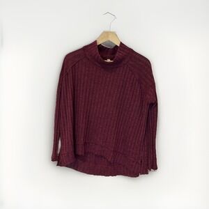 Free People Womens Sweater M Red Clarissa Mock Neck Asymmetrical Lightweight